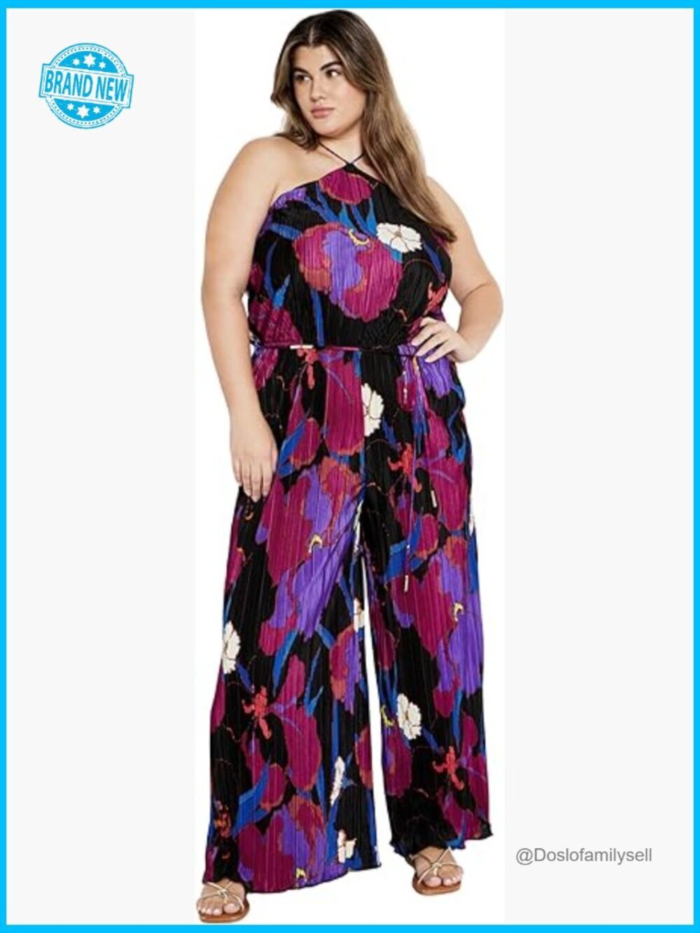 Plus Size Floral Jumpsuit Halter Neck Elastic Waist Pockets Pleated